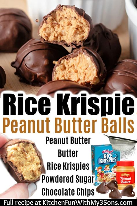 Peanut Butter Balls with Rice Krispies are a delicious little candy you can make so easily in your own kitchen. A perfect candy for the holidays, an after school snack, a party, or any time you just need a sweet chocolate-peanut butter treat. Rice Krispie Peanut Butter Balls Recipe, Krispie Peanut Butter Balls, Rice Krispie Peanut Butter Balls, Rice Krispie Peanut Butter, Xmas Baking, Peanut Butter Balls Recipe, After School Snack, Butter Balls, Rice Krispy