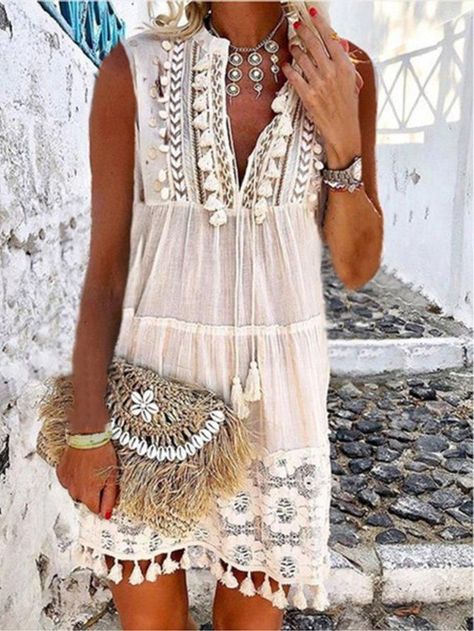 db957c626a8cd7a27231adfbf51e20ebdesc51453886ri Casual Dresses For Summer, Beginner Haken, Midi Dress Chic, Fringe Mini Dress, Bohemian Style Dresses, Sleeveless Short Dress, Womens Shift Dresses, Short Mini Dress, Vestido Casual