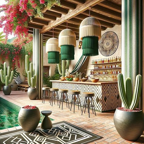 🇲🇽 To Celebrate one of my FAVORITE events in our Hometown: My @gilherrera twist of Modern Mexican Hacienda Outdoor Living with a Tulum/Cabo Touch & Palm Springs SPLASH for Palm Springs Modernism Week @ModernismWeek (FOLLOW THEM♥️) . At CoLores Decor Our team is constantly experimenting with textures & “WOW” styles for a UNIQUE statement design for any room…Introducing TOP 🇲🇽 MeXican Artisan Design & CATAPULTING our culture’s Talent through the vision of our founder, GiL Herrera @giLherrera ... Bar Counter Outdoor Design, Mexican Design Interior, Mexican Bar Design, Mexican House Decor, Modern Mexican Hacienda, Palm Springs Patio, Restaurants Interior Design, Modern Mexican Decor, Palm Springs Interior Design