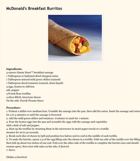 Mcdonald Breakfast Burrito, Breakfast Burritos Mcdonalds Recipe, Mcdonalds Breakfast Burritos, Mcdonalds Recipes, Egg Bakes, Breakfast Hack, Mcdonalds Breakfast, Breakfast Burrito, Copykat Recipes