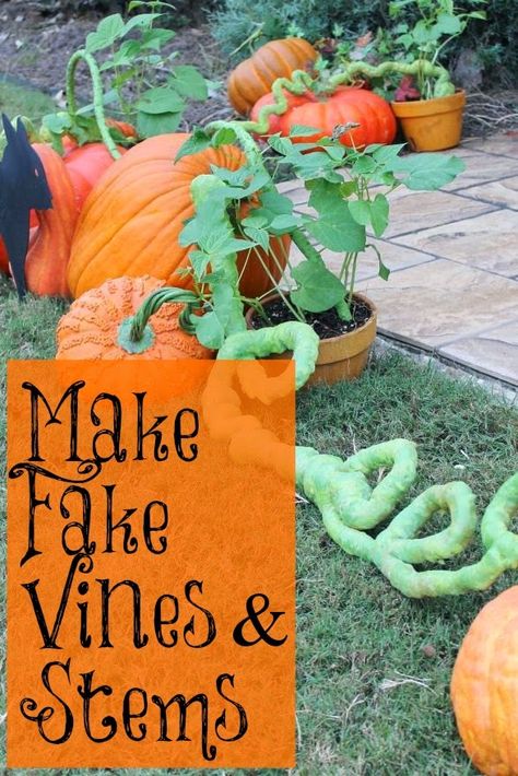 Wanting some more vines for another pumpkin patch   (this time between two metal black cats at the front porch)   but NOT wanting to ma... Pumpkin Parade Ideas, Pumpkin Patch Decoration, Spider Web Wreath, Fake Vines, Homecoming Floats, Parade Ideas, Pumpkin Vine, Fake Pumpkins, Giant Pumpkin