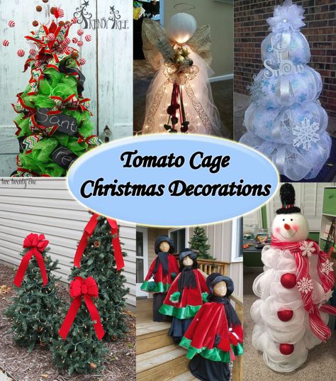 Tomato Cage Christmas Decorations, Tomato Cage Christmas, Tomato Cage Crafts, Mesh Christmas Tree, Tomato Cage Christmas Tree, Outside Christmas Decorations, How To Make Christmas Tree, Tomato Cages, Christmas Decorations Diy Outdoor