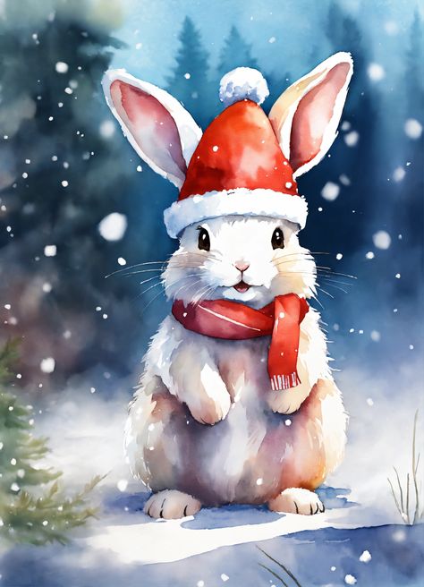 Rabbit In Forest, Hat Snow, Happy Rabbit, Rabbit Wallpaper, Bunny Painting, Winter Watercolor, Christmas Card Art, Watercolor Christmas Cards, Childrens Christmas