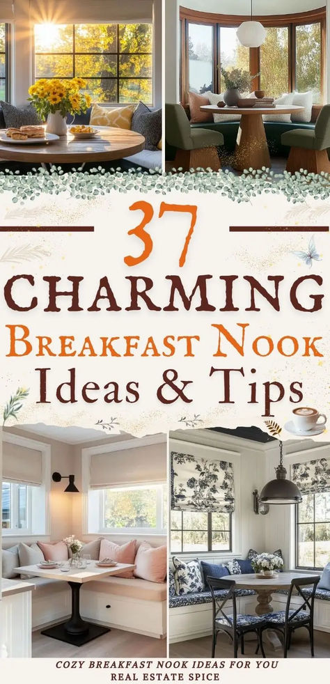 says 37 charming breakfast nook ideas and tips with 4 images of breakfast nooks bench table seating and home decor below says cozy breakfast nook ideas for you Repurposed Breakfast Nook, Sunroom Breakfast Nook Off Kitchen, French Country Banquette Seating, Cottage Style Breakfast Nook, Window Seats In Kitchen, Kitchen Nook With Bench, Breakfast Nook Inspiration, Nook Wall Decor Ideas, Transitional Breakfast Area