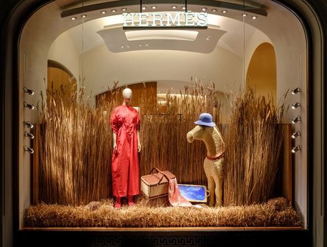 Hermes Window Display, Luxury Window Display, Hermes Window, Eyes Picture, Gold Window, Fashion Window Display, Vitrine Design, Hermes Store, Summer Store