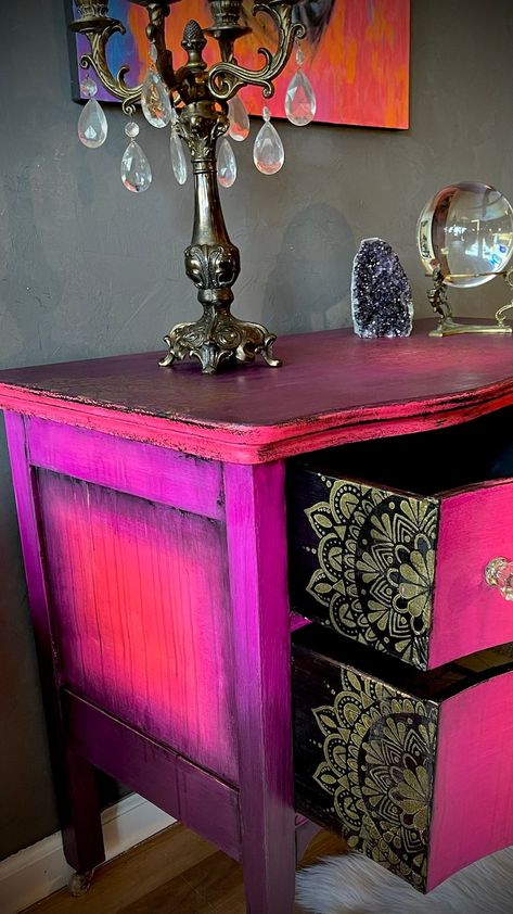 SOLD Do NOT Purchase. Vintage Hand Painted Bohemian Goth Dresser - Etsy Eclectic Dresser Makeover, Witchy Painted Furniture, Colorful Dresser Diy, Weird Furniture Diy, Ombre Furniture Painting Diy, Purple Painted Furniture, Goth Dresser, Vanity Restoration, Boho Upcycle