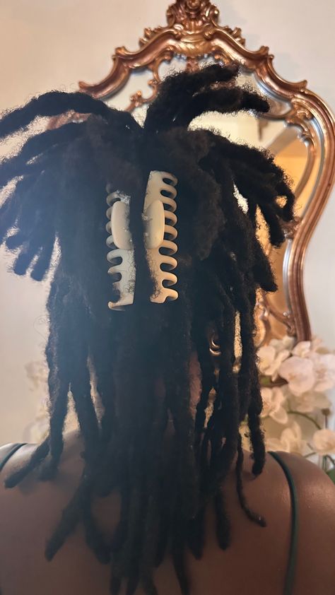 Claw clip up do on shoulder length locs Shoulder Length Loc Styles, Shoulder Length Faux Locs, Shoulder Length Locs Hairstyles, Shoulder Length Locs Styles, Textured Locs, Shoulder Length Locs, Loc Goddess, Short Locs, Loc Hairstyles