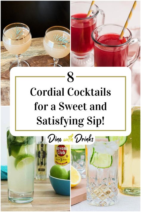 Collage of 4 cordial cocktails. Cordial Recipes, Cordial Cocktails, Cordial Recipe, Cocktail Ideas, Mixed Drinks Alcohol, Refreshing Cocktail, Thirsty Thursday, Perfect Cocktails, Gin Cocktails