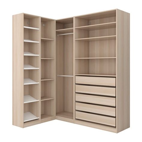 PAX Corner wardrobe White stained oak effect 160/188 x 236 cm - IKEA Garderobeløsning Gang, Ikea Armoire, Ikea Pax Corner Wardrobe, Pax Corner, Corner Wardrobe Closet, Pax Corner Wardrobe, Garderobe Design, Vstupná Hala, Corner Closet