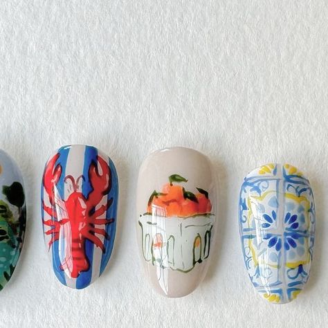 Milwaukee Gel Nail Artist on Instagram: "Amalfi coast inspired custom press ons 🍊

#pressons #custompressons #pressonnails #nailart #nailartist #nailsnailsnails #trendynailart #italynails #summernails #summernailart #handpaintednailart" Amalfi Coast Inspired Nails, Lobster Nails Designs, East Coast Nails, Italy Nail Art, Maine Nails, Amalfi Nails, Amalfi Coast Nails, Bug Nail Art, Italian Nails