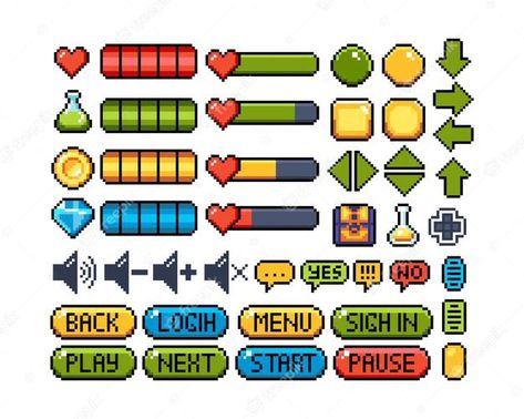 Premium Vector | Set of 8bit pixel graphics icons isolated vector illustration game interface button navigation 8 Bit Illustration, 8bit Game Design, Pixel Game Ui, Pixel Button, Pixel Graphic Design, 8bit Icons, Game Interface Design, Pixel Map, Pixel Illustration