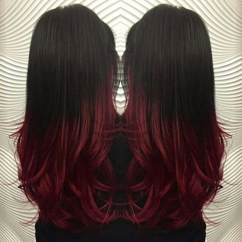 Dark Red Fade Hair, Red Ombre On Black Hair, Long Black Hair With Red Underneath, Black And Red Tips Hair, Dyeing The Ends Of The Hair, Red To Black Hair Ombre, Black And Red Hair Ombre, Black Hair With Red Ombre, Red Hair Ends Dip Dye