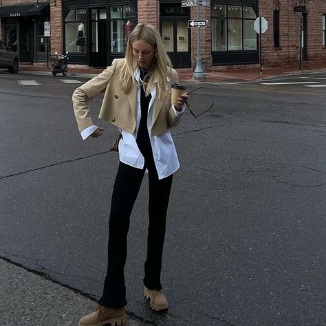 Shea Marie Style, Shea Marie, Black Straight Leg Pants, Cropped Blazer, Fall Street Style, Straight Leg Pants, Combat Boots, Trench Coat, Fashion Inspo