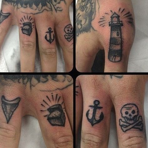 finger Tattoo; lighthouse, anchor, skull and crossbones ... #tattooideas #smalltattoo Lighthouse Finger Tattoo, Pirate Finger Tattoo, Nautical Finger Tattoo, Shark Finger Tattoo, Anchor Finger Tattoo, Tattoo Lighthouse, Tattoo Finger, Pirate Tattoo, Knuckle Tattoos