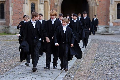 BOYS IN ETON COLLEGE UNIFORMS: Eton is one of England’s largest independent secondary schools and one of the highest in prestige. It was founded by Henry VI in 1440–41 for 70 highly qualified boys who received scholarships from a fund endowed by the king.    Students, called Oppidans,  have traditionally come from England’s wealthiest and most prestigious families, many of them aristocratic. Boys enter Eton about age 13 and continue there until they are ready to enter university. Eton College, College Uniform, School Fees, Boys School Uniform, School Yard, Prep School, Boarding School, School Boy, Private School