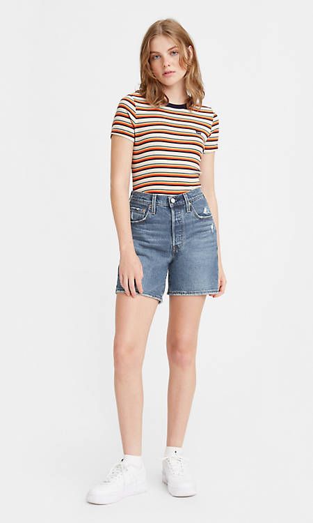 501® Original Mid Thigh Women's Shorts - Medium Wash | Levi's® US Long Jean Shorts Outfit, Campus 00, Long Jean Shorts, Long Denim Shorts, 00s Style, Aesthetic Baby, Jean Short Outfits, Mid Thigh Shorts, Color Crush