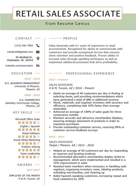 Retail Sales Associate Resume Sample & Writing Tips | Resume Genius Sales Associate Resume, Retail Resume Examples, Retail Worker, Retail Resume, Sales Resume Examples, Resume Summary Examples, Customer Service Resume, Cv Writing, Resume Objective Examples