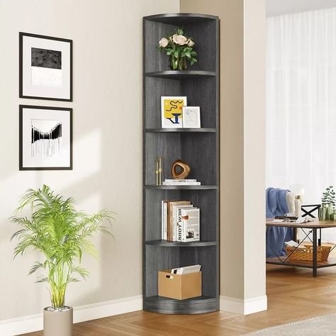 Tall 5-Tier Corner Shelf Bookcase Bookshelf with 5 Shelves - 11" x 11" x 71" - Bed Bath & Beyond - 41315385 Corner Bookshelves Floating, Corner Bookshelves Living Room, Corner Shelving Ideas, Tall Corner Shelf, Bookshelves Living Room, Bookcase Modern, Corner Bookshelf, Corner Bookshelves, Angle Design