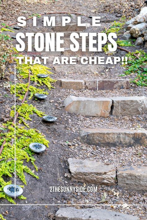 Try our inexpensive outdoor stone landscaping steps idea for your hill or slope. It doesn’t require special tools, just a shovel, rake and a level. This easy DIY can be done on a weekend, and they look so good in a natural setting. Our rock stairs are made with stacked stone pieces and flagstone chips. #outdoorstonesteps #diyoutdoorsteps #landscapesteps #landscapestairs Garden Steps Diy, Outdoor Stone Steps, Landscaping Steps, Sloped Backyard Landscaping, Landscaping A Slope, Landscape Stairs, Landscape Steps, Landscaping On A Hill, Sloped Yard