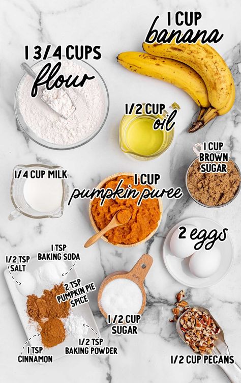 Pumpkin Banana Bread raw ingredients that are labeled Pumpkin Spice Banana Bread, Pumpkin Banana Bread Recipe, Baking Fails, Pumpkin Banana Bread, Banana Dessert Recipes, Dark Brown Sugar, Homemade Pumpkin Puree, Pumpkin Banana, Banana Dessert