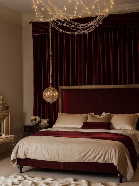 Burgundy Room Ideas, Burgundy Velvet Curtains, Burgundy Bedroom Ideas, Twinkling String Lights, Burgundy Room, Burgundy Bedroom, Romantic Bedroom Ideas, Pink Wardrobe, Vintage Apartment