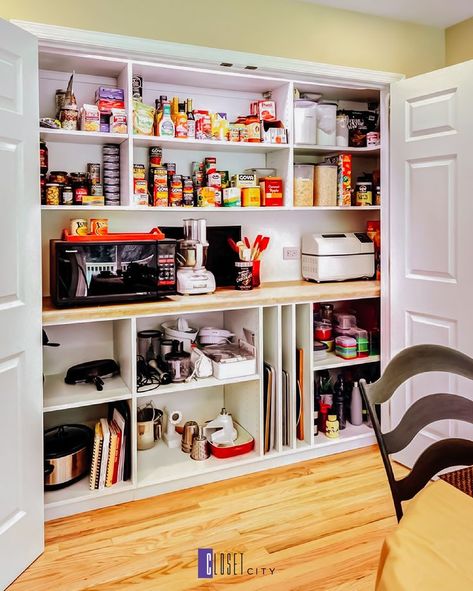 Pantry Organization Upgrade | Pantry remodel, Kitchen pantry storage, Pantry organization Pantry In Closet Ideas, Shallow Closet Pantry, Closet Pantry Design Ideas, Pantry Closet With Counter, Bar In Pantry Closet, Pantry Shelving Ideas Closet, Kitchen Closet Pantry Ideas, Wide Shallow Pantry, Shallow Pantry Shelves