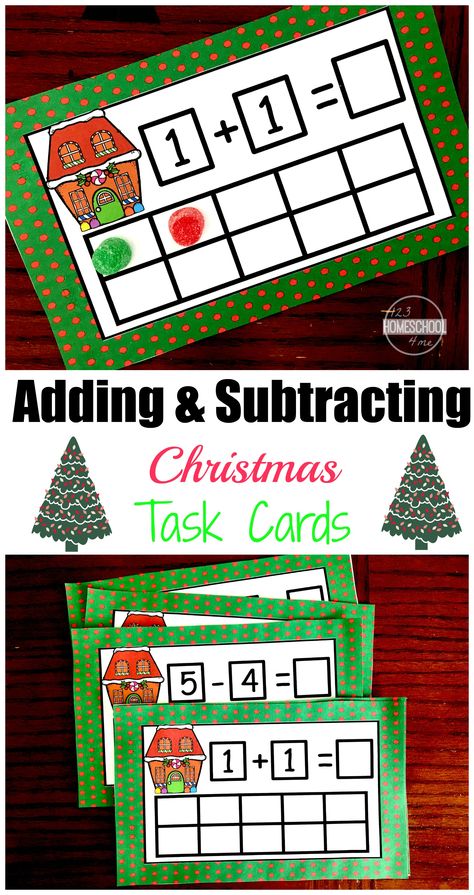 FREE Christmas Math using Ten Frame Task Cards - perfect for math centers to help preschool, kindergarten, first grade students practice addition and subtraction Christmas Subtraction, Kindergarten Christmas Activities, Christmas Math Centers, Kindergarten Christmas Crafts, Christmas Math Activities, Christmas Addition, Holiday Centers, Peppermint Candies, Christmas Teaching