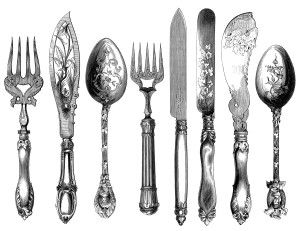 vintage cutlery clipart, cutlery engraving, fork knife spoon graphic, black and white clip art, kitchen printable Copper Cutlery, Vintage Clip Art, Gold Cutlery, Foto Transfer, Antique Silverware, Vintage Cutlery, Vintage Silverware, Clip Art Vintage, Illustration Vintage