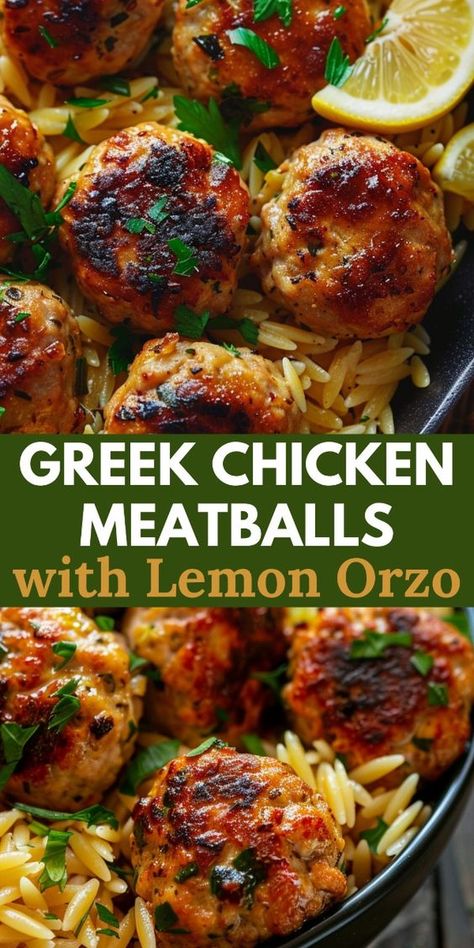 These Greek chicken meatballs with lemon orzo are a delightful and flavorful meal that combines the zesty flavors of lemon and herbs with the comforting texture of orzo pasta. Enjoy! Baked Chicken Meatballs With Creamy Butternut Squash And Spinach Orzo, Mediterranean Diet Recipes Meatballs, Lemon Herb Orzo, One Dish Dinners Healthy, Meatball Stew With Orzo And White Beans, Lemon Chicken Meatballs With Orzo, Lemon Orzo With Chicken, Greek Meatballs And Orzo, Mediterranean Greek Recipes