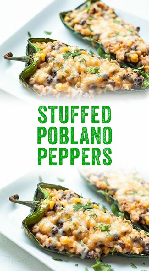 These stuffed poblano peppers are so easy to make! The zesty filling features rice, corn, black beans, and of course: gooey cheese. #vegetarian #stuffed #peppers #poblano Rice Corn Black Beans, Poblano Peppers Recipes, A Couple Cooks, Poblano Peppers, Couple Cooking, Bowl Food, Gooey Cheese, Stuffed Poblano Peppers, Peppers Recipes