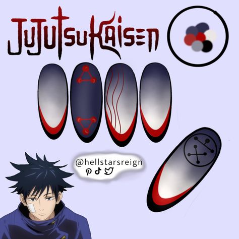 Megumi Nails Jjk, Choso Jjk Nails, Jujutsu Kaisen Nails Design, Jjk Nails Designs, Megumi Nails, Gojo Nails, Jujutsu Kaisen Nails, Jjk Nails, Acrylic Nails Cute