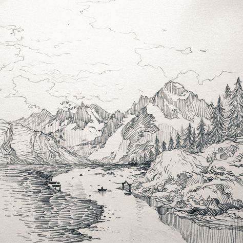 River Drawing, Mountain Sketch, Landscape Pencil Drawings, Mountain Drawing, Nature Sketch, Landscape Sketch, Kunst Inspiration, Gambar Figur, Nature Drawing