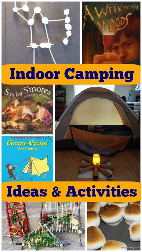 12 Indoor Camping Ideas for Kids - fun idea for getting kids to read especially on bad weather days or hot summer days!  Also a great classroom theme for preschool, kindergarten and elementary ages. Edventures with Kids Camping Theme Party Activities, Camp Out Themed Party, Camp Themed Birthday Party Activities, Indoor Camp Activities, Camp Read S'more, S’mores In The Classroom, Camp Out Party Ideas For Kids, Camping Indoors Kids, Camping Learning Activities For Kids