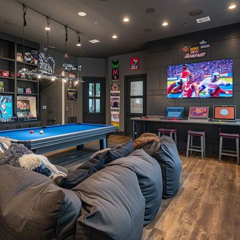 Fun Game Room in Simone Biles' Texas Home Living Room Game Room Combo, Console Gaming Room, Family Gaming Room, Sport Living Room, Game Room Designs, Sports Memorabilia Room, Sport Room, Luxury Game Room, Family Game Room