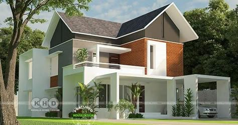 2110 square feet 4 bedroom sloping roof house plan by Covo Architectural Studio, Malappuram, Kerala. Roof Home Design, Slope Roof, Flat Roof Design, Sloping Roof, Beautiful Modern Homes, Jaali Design, Flat Roof House, Kerala House, House Roof Design