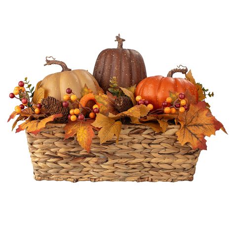 Decorate your home this Harvest season with this 14.75in Fall basket decor. This Fall themed woven basket decor features different shaped pumpkins with a mix of leaves, berries, & pinecones in traditional Fall hues. Add to your fireplace mantle, dining or coffee table to a festive flare. Holiday Living 15-in Harvest Basket Decor | 88G5780A Fall Basket Decor Ideas, Harvest Basket Decor, Fall Basket Decor, Coffee Table Fall Decor Ideas, Coffee Table Fall Decor, Fall Kitchen Table Decor, Fall Desserts Table, Wooden Fall Decor, Fall Kitchen Table