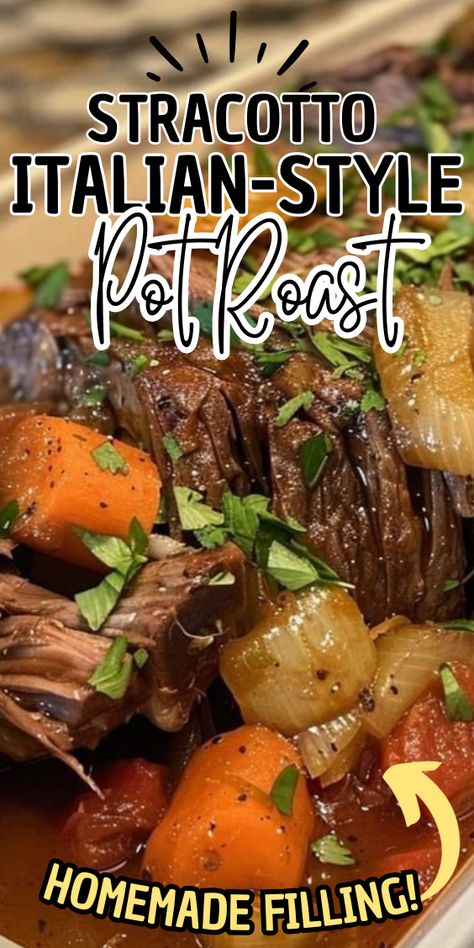 Stracotto: Italian-Style Pot Roast Mediterranean Pot Roast Recipe, Italian Pot Roast Stracotto, Italian Pot Roast And Parmesan Risotto, Roast Ideas Beef Crock Pot, Italian Pot Roast Oven, Italian Chuck Roast Crock Pot, Pot Roast With Tomatoes, Italian Beef Roast Crockpot, Holiday Pot Roast Crock Pot