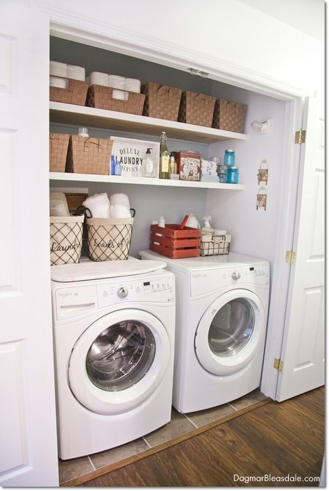 Laundry Closet Makeover, Small Laundry Room Makeover, Small Laundry Room Organization, Laundry Room Closet, Laundry Room Shelves, Laundry Closet, Blue Cottage, Small Laundry Rooms, Small Laundry Room