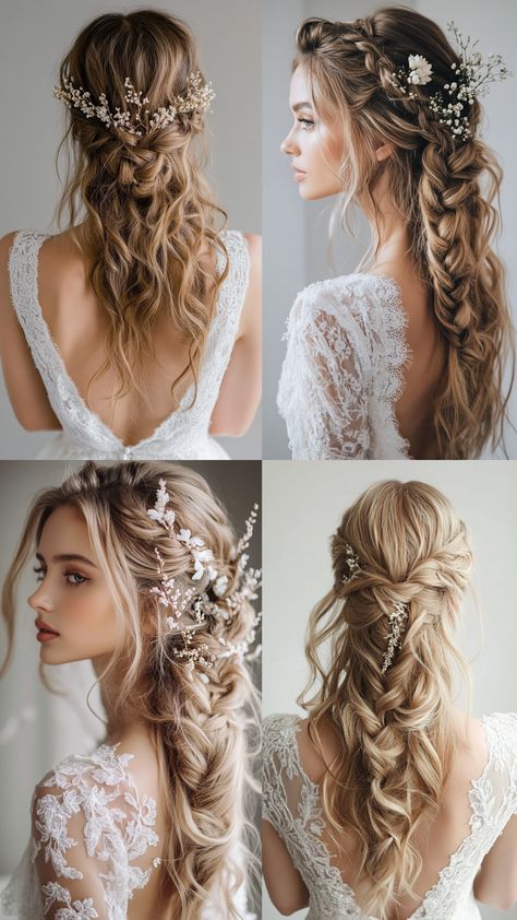 Stunning bridal hairstyle featuring effortless waves and intricate braids for a bohemian wedding look. Braided Hair For Bride, Bohemian Wedding Hair With Veil, Boho Hairstyles Bride, Bridal Hair Fall Wedding, Loose Boho Braid, Boho Hairstyles For Long Hair Wedding, Bridal Hair Long Veil, Nature Inspired Hair, Viking Inspired Wedding Hair