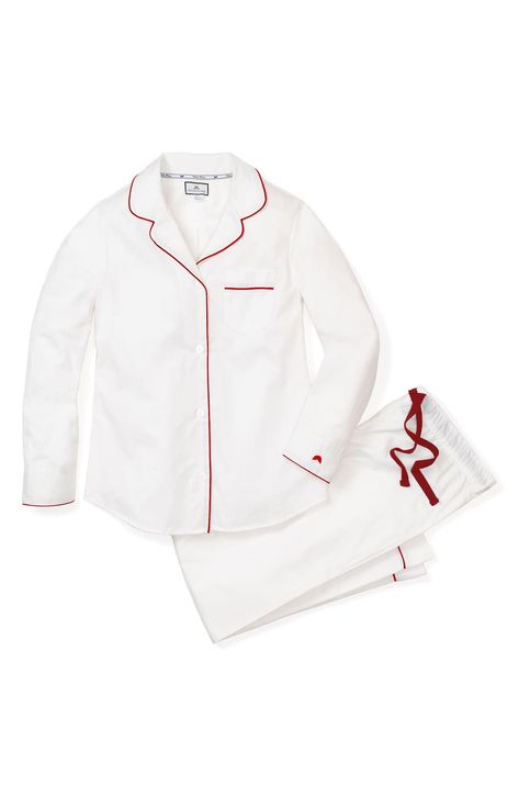 A refined pajama set is polished with vibrant contrast piping, elegantly curved lapels and a chest patch pocket. 100% cotton Machine wash, tumble dry Imported White Cotton Pajamas, Luxury Sleepwear, Embroidery Hearts, Cute Pjs, White Pajamas, Classic Pajamas, Adult Pajamas, Heart Embroidery, Cotton Pajama Sets