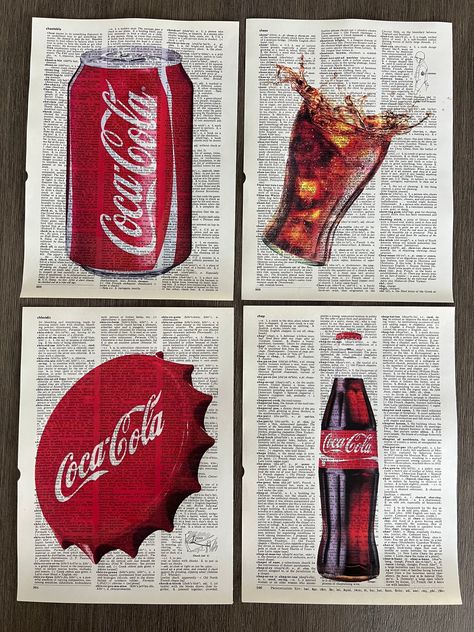 Coca-Cola (Coke) Themed Dictionary Prints   A set of four (4) dictionary prints featuring Coca-Cola (Coke)  themed designs that will look awesome framed! These dictionary prints are made with 50+ year old authentic vintage dictionary paper. Each page from the dictionary is unique, so you will receive a similar page from the dictionary I'm working out of. Each page measures approximately 8x11. *No frames are included. *Please note that the first image provides a pic of the grouping! Scroll throug Vintage Coke Aesthetic, Coke Vintage, Coke Collectibles, Coca Cola Decor, Bottle Drawing, Vintage Coke, Bid Day Themes, Coke Cola, Dictionary Art Print