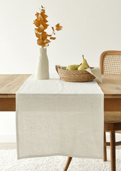 Give your dining table a fresh new look with our linen table runners. Handcrafted of premium quality European linen, our runners are available in various colors and sizes. Beige Dining Table, Bohemian Table Decor, White Linen Table, Organic Table, Linen Runner, Dining Table Runner, Bohemian Table, Easter Table Runners, Lunch Table