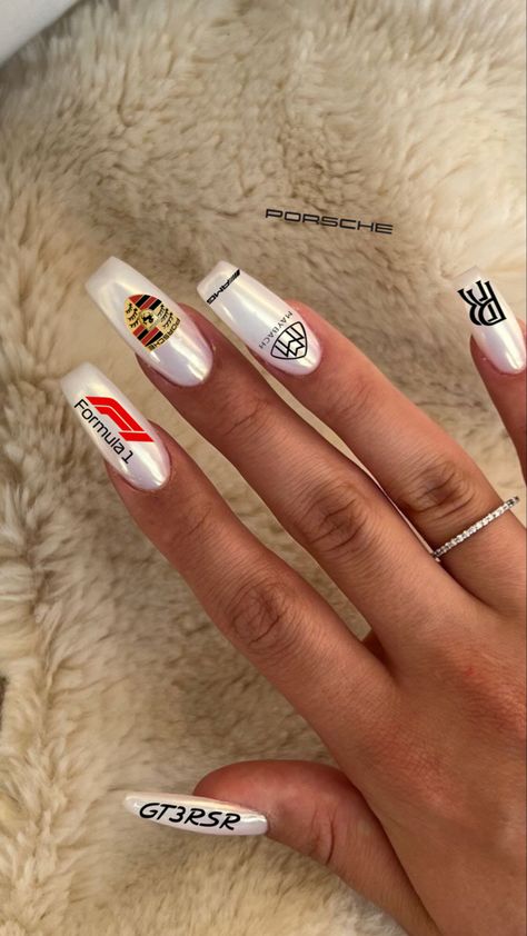 Car Inspired Nails, Car Nail Designs, Porsche Nails, Formula One Nails, F1 Nail Art, Ferrari Nails, Formula 1 Nails, Race Nails, F1 Nails