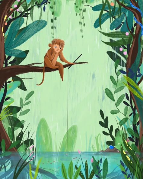 Children’s book Illustration by Tilia Rand-Bell The Jungle Book Illustration, Whimsical Illustration Children Books, Children’s Book Illustration, Children's Book Illustration Styles, Day And Night Illustration, Child Books Illustration, Rainforest Illustration, Kids Book Illustration, Baby Nursery Murals