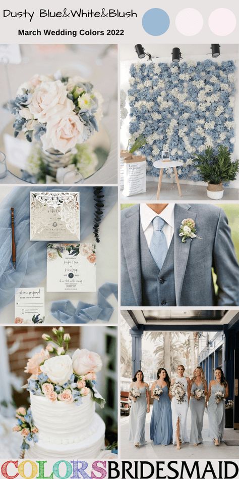 Top 8 March Wedding Color Combos for 2022 - ColorsBridesmaid March Wedding Colors Bridesmaid Dress, Light Blue And Grey Wedding Theme, Wedding Color Schemes March, March Wedding Color Schemes, March Wedding Colors, March Wedding Ideas, Blue And Grey Wedding, Blue Theme Wedding, Spring Wedding Color Ideas