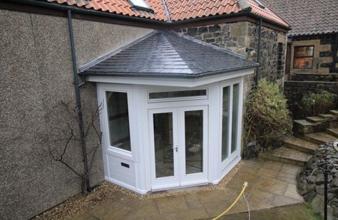 White uPvc corner porch Corner Porch Ideas, Corner Porch, Bungalow Porch, Timber Frame Porch, Glass Porch, Porch Kits, Garden Room Extensions, House Porch, Corner Door