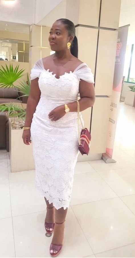 Lace Dress Styles For Wedding Guest In Ghana, White Lace Styles In Ghana, Owanbe Styles For Lace Straight Gown, Lace Fitting Dress Styles, Simple Lace Dress Styles Ghana, White Lace Dress Styles Ghana For Church, Lase Dress, Dress Classy Short, Lace Dress Styles Ghana