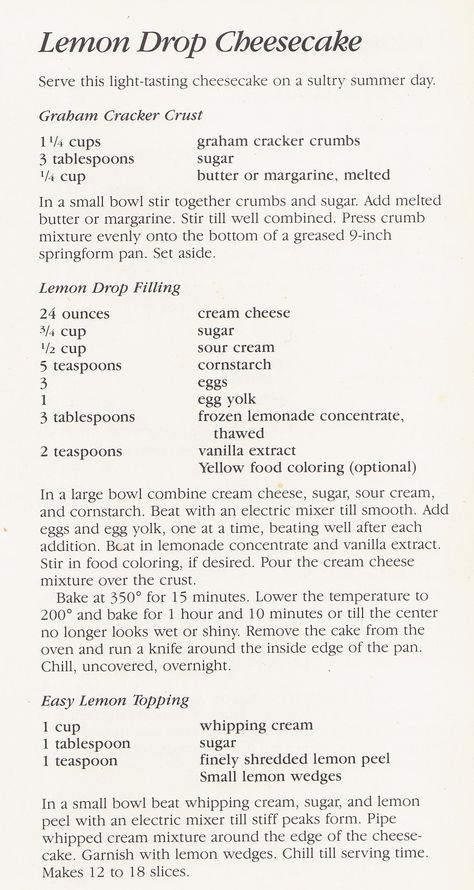 Lemon Drop Cheesecake recipe. *Source - Cheesecake Extraordinaire by Mary Crownover (book) Lemon Drop Cheesecake, Cake Plates Stand, Summer Cooking, Lemon Cheesecake, Graham Cracker Crust, Cheesecake Recipe, Graham Cracker Crumbs, Lemon Drop, Sweet Stuff