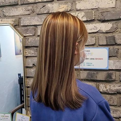 Ginger Brown Hair With Blonde Highlights, Cool Brown Highlights On Brown Hair, Golden Honey Highlights On Dark Hair, Hair Color Ideas Korean, Copper Brown Hair With Highlights, 90s Highlights Hair, Dyed Hair For Brunettes, Copper Brown Hair, Korean Hairstyles