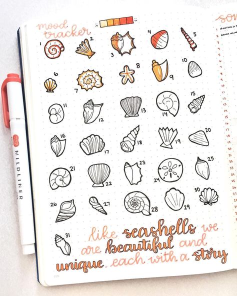 yeah I'm like two days behind on this but it's okay, it's really fun coloring in and drawing seashells haha. I've only recently installed… Bullet Journal Calendrier, Diario Bullet, Tracker Bullet Journal, Journaling Inspiration, Bullet Journal Mood, Diary Ideas, Bullet Journal Art, Bullet Journal Spread, Bullet Journal Inspo